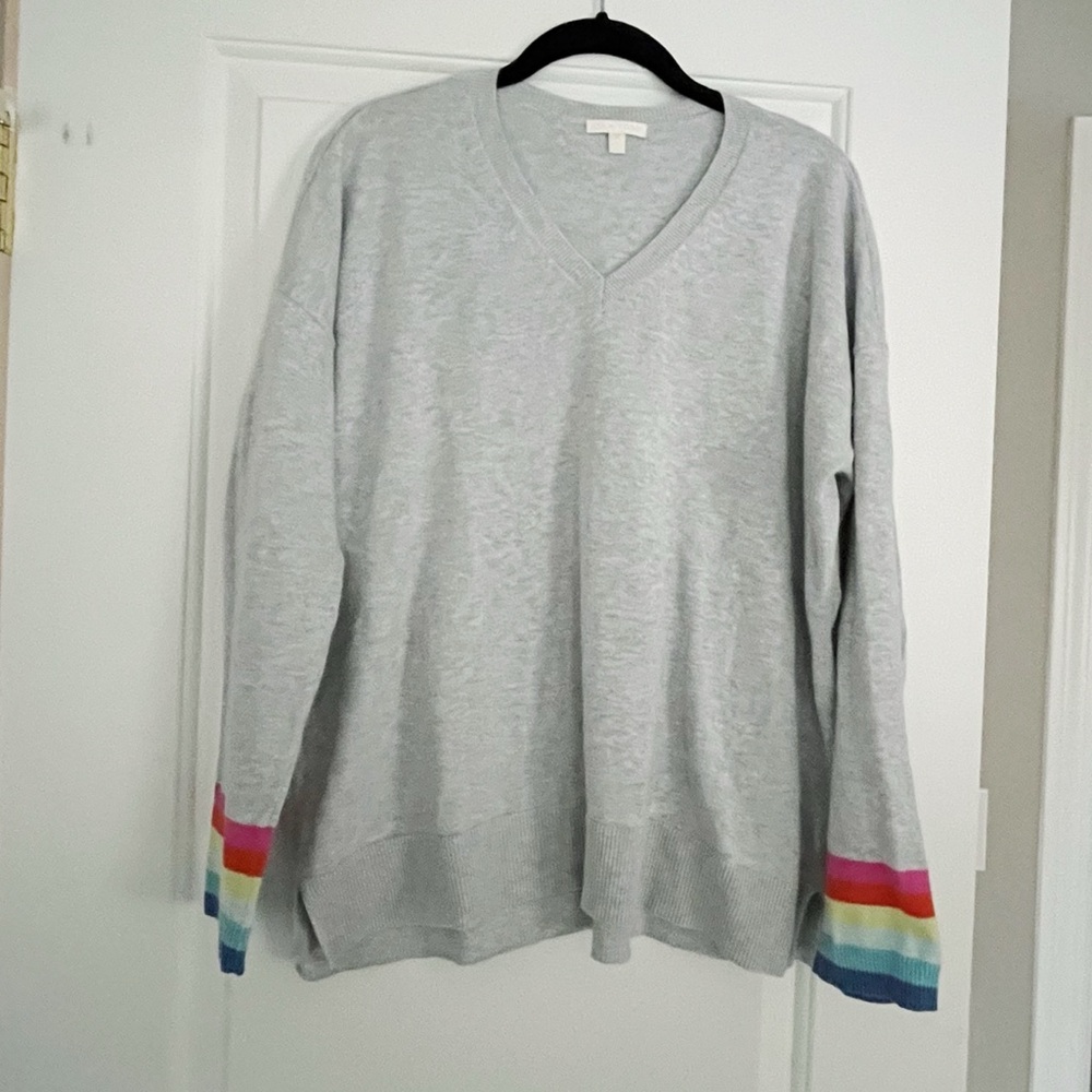 Lisa Todd Light Gray V-Neck Sweater with Rainbow Cuffs - Picture 3 of 7